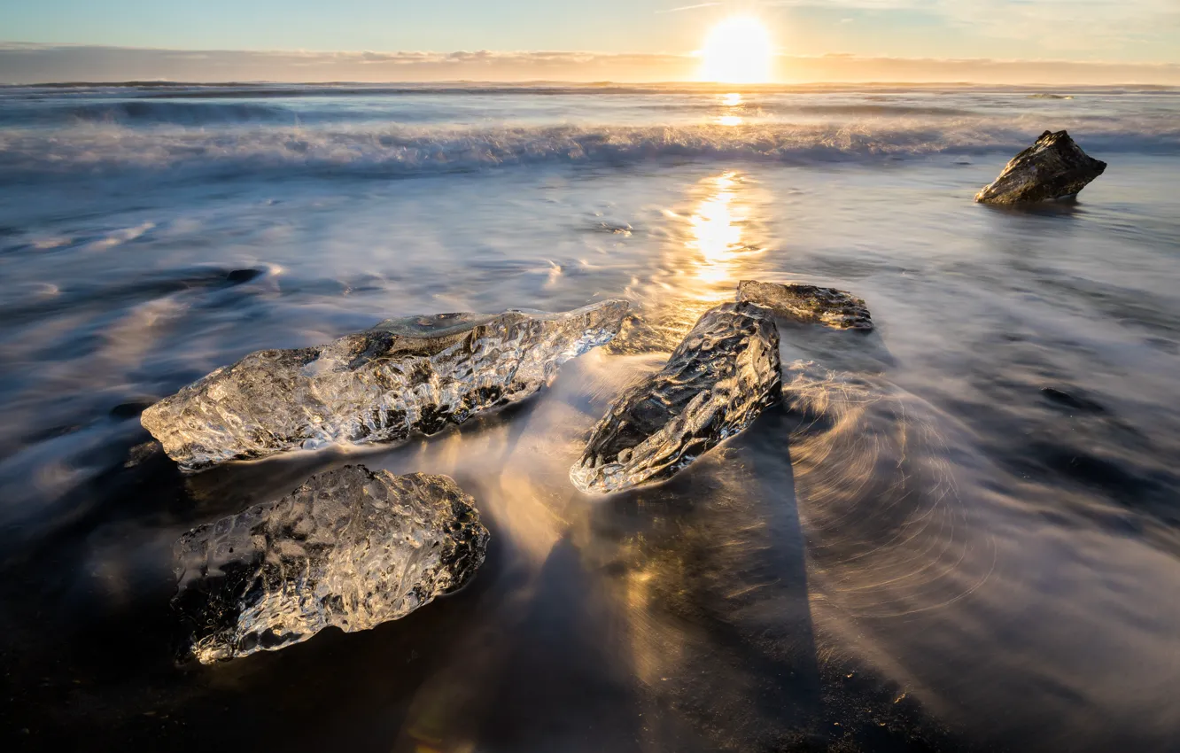 Photo wallpaper ice, sunset, the ocean, dawn, coast