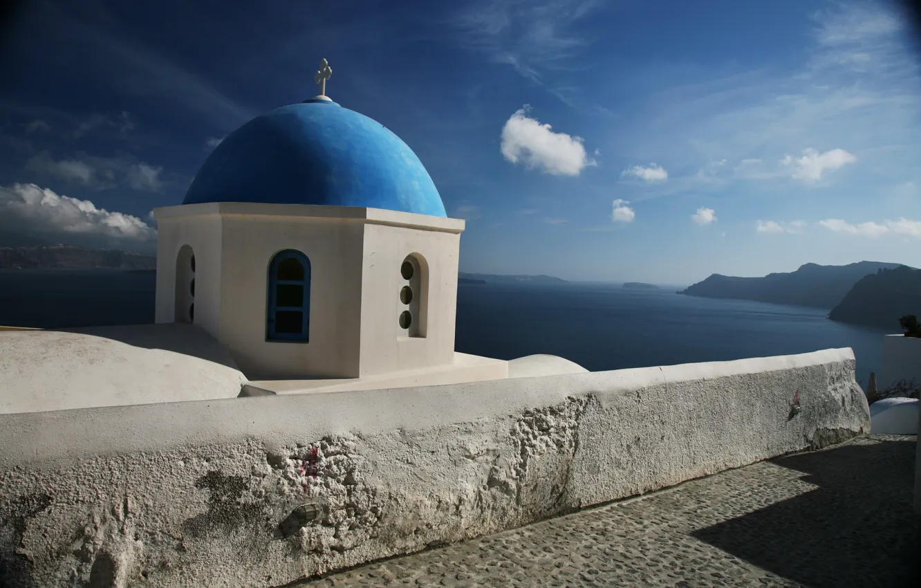 Photo wallpaper sea, the sky, clouds, mountains, Santorini, Church, the dome, Greece