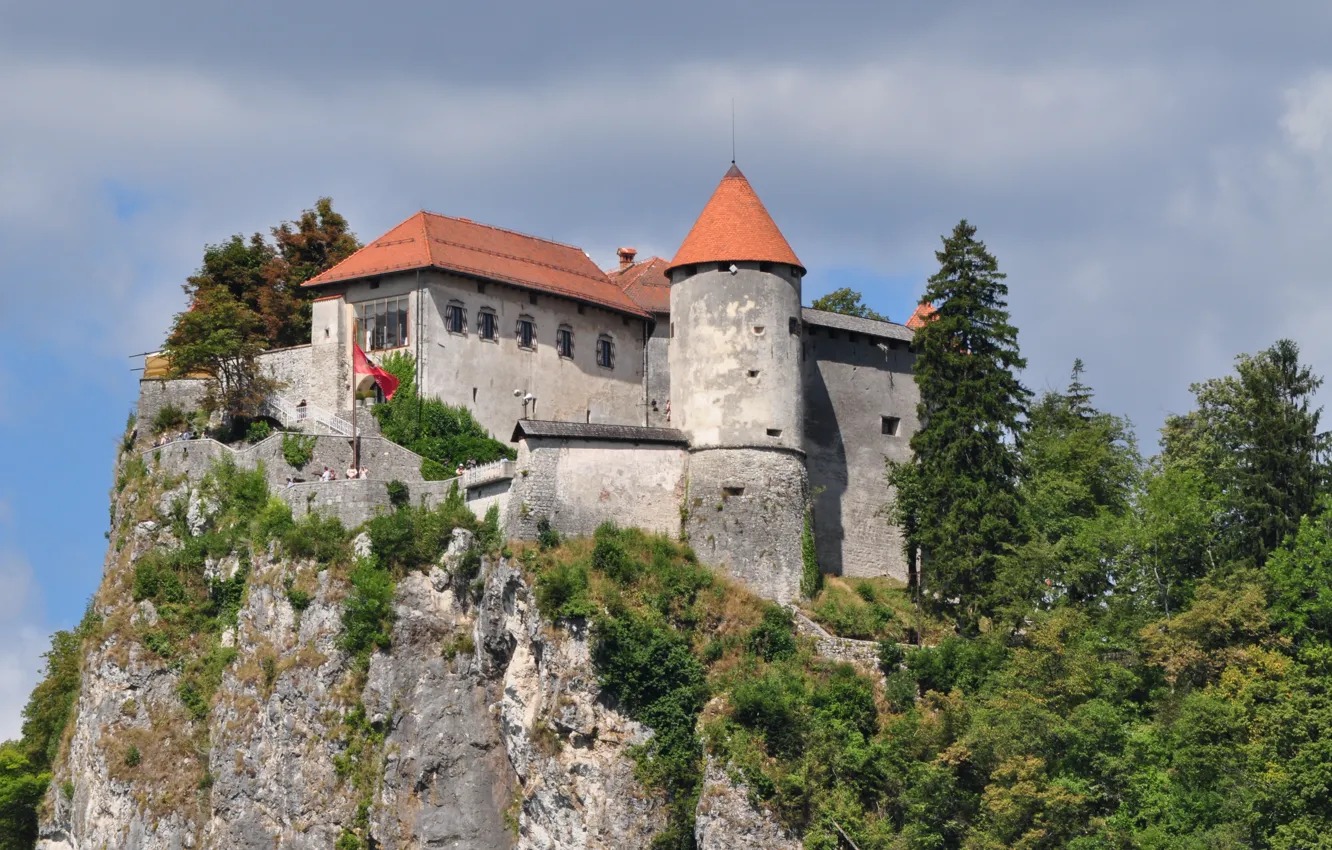 Photo wallpaper trees, the bushes, buildings, Slovenia, historical monument, cliff-cliff, The Julian Alps, Bled castle