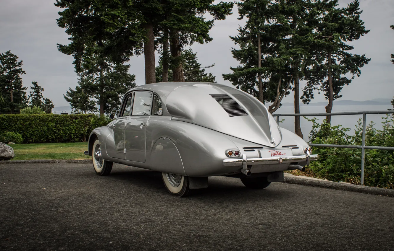 Photo wallpaper asphalt, trees, retro, background, silver, the bushes, Fastback, Czechoslovakia