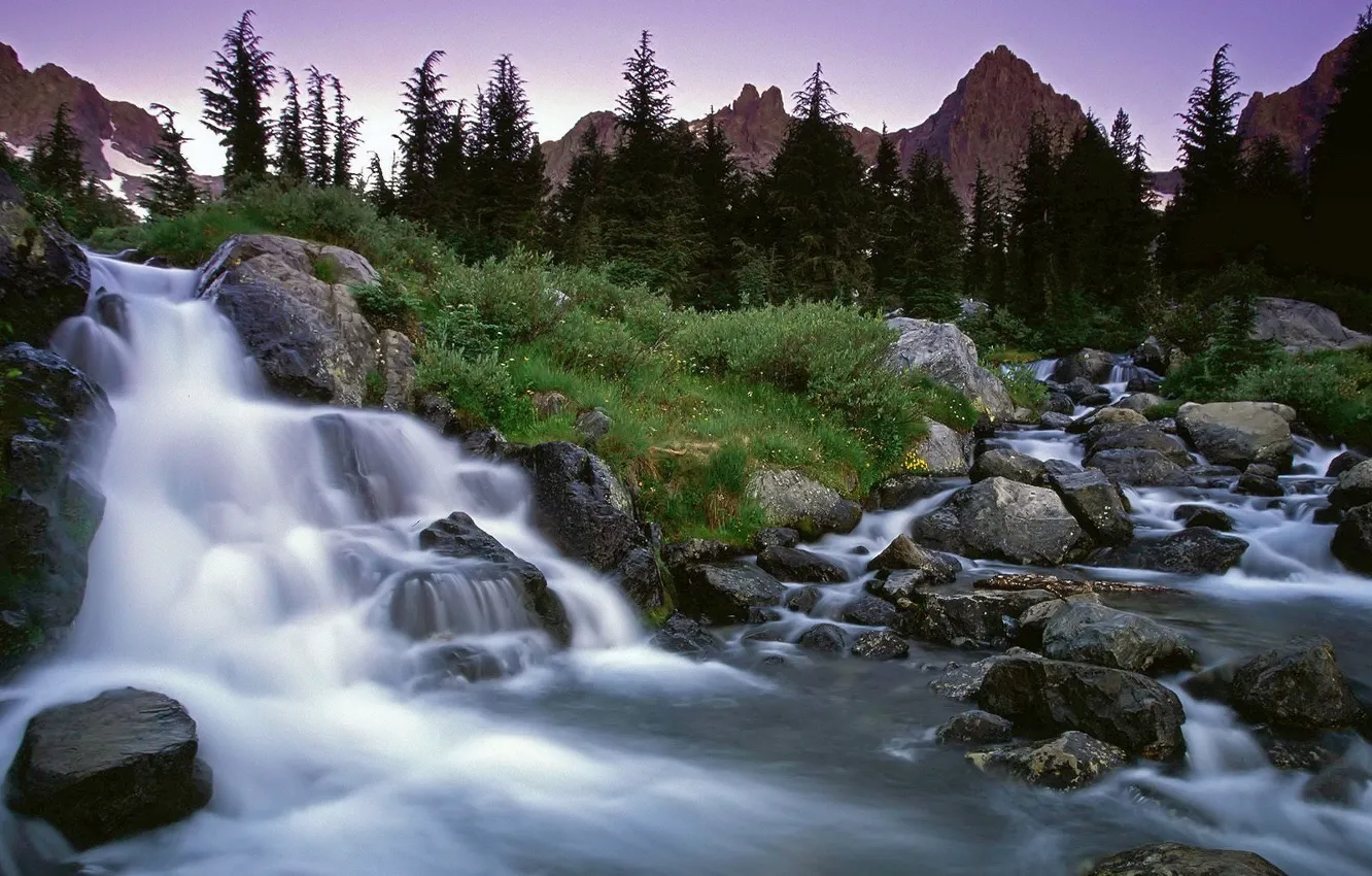 Photo wallpaper grass, trees, mountains, stones, waterfall