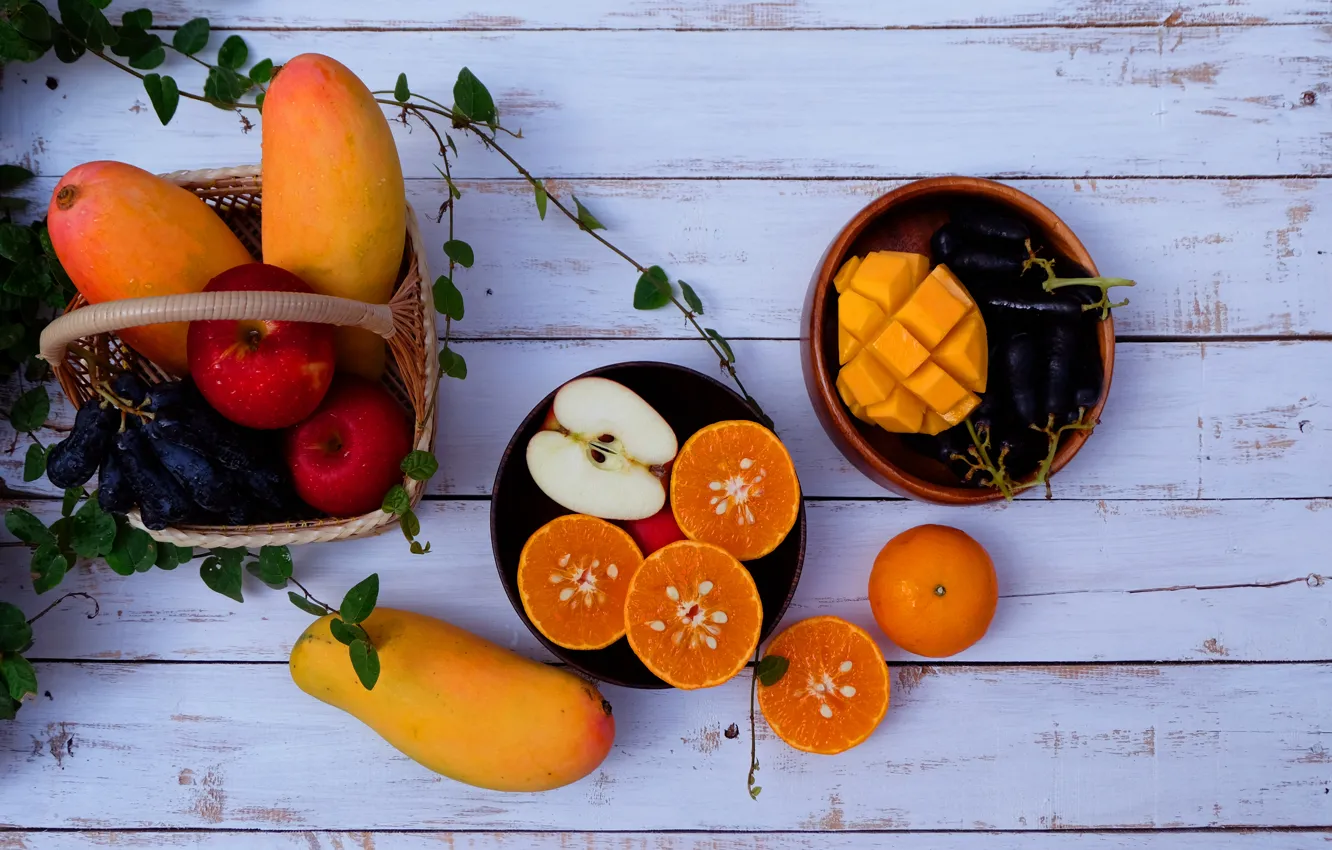 Photo wallpaper apples, fruit, fresh, wood, fruits, papaya, tangerines