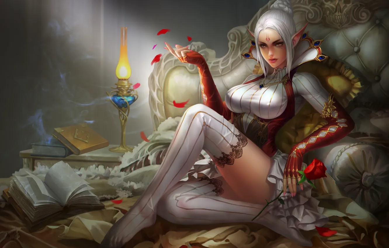 Photo wallpaper girl, wine, glass, roses, fantasy, art, elf, bed