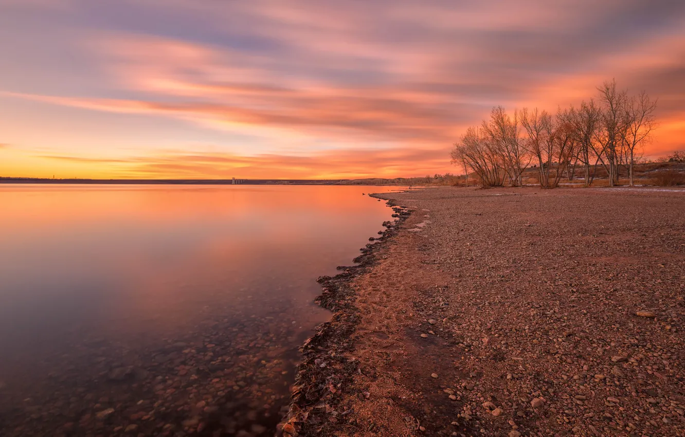 Photo wallpaper trees, sunset, pebbles, shore, the evening, pond