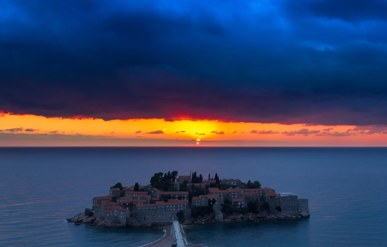 Photo wallpaper sea, the sky, sunset, clouds, island, home, resort, Montenegro