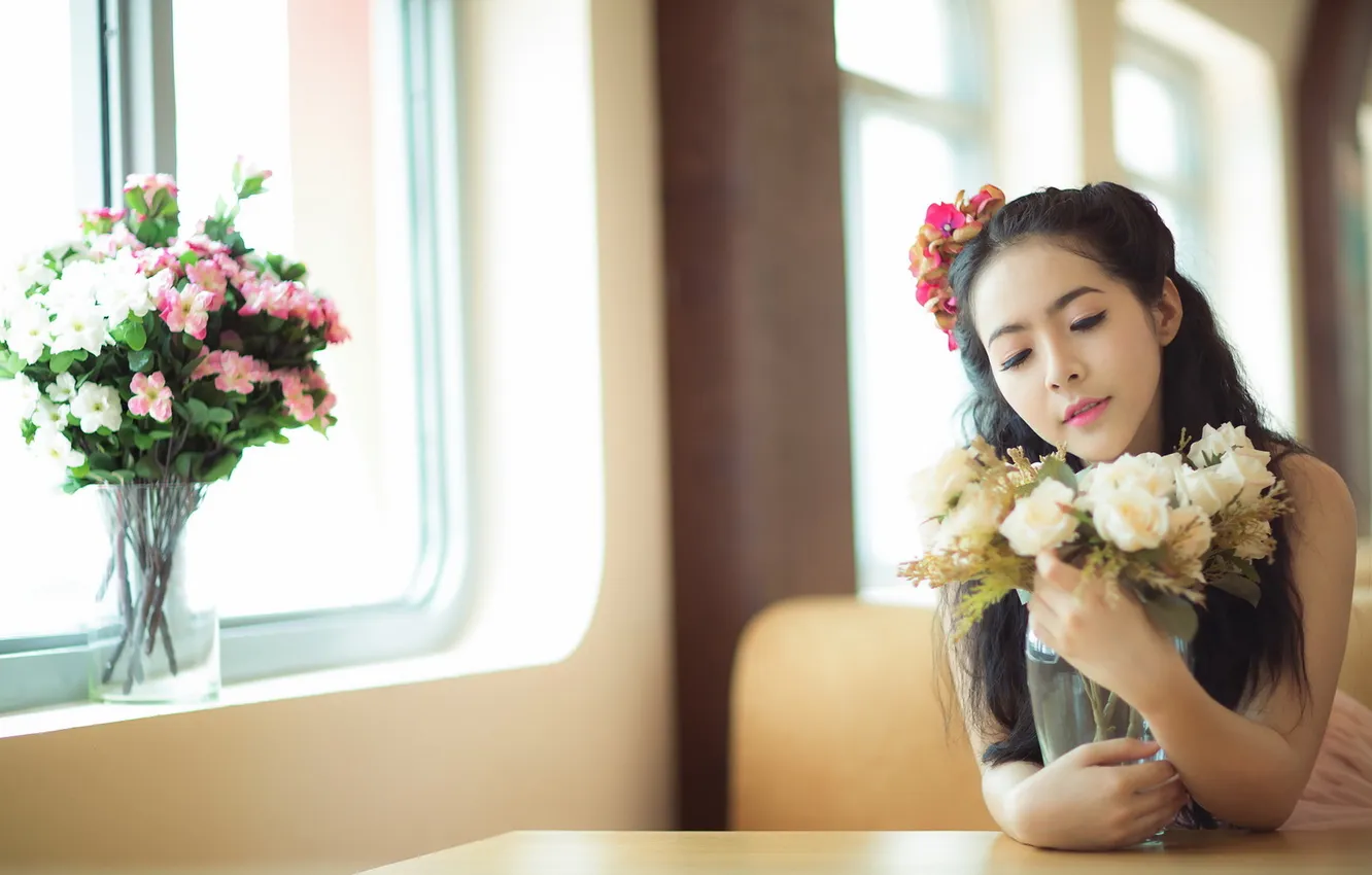 Photo wallpaper girl, flowers, Asian