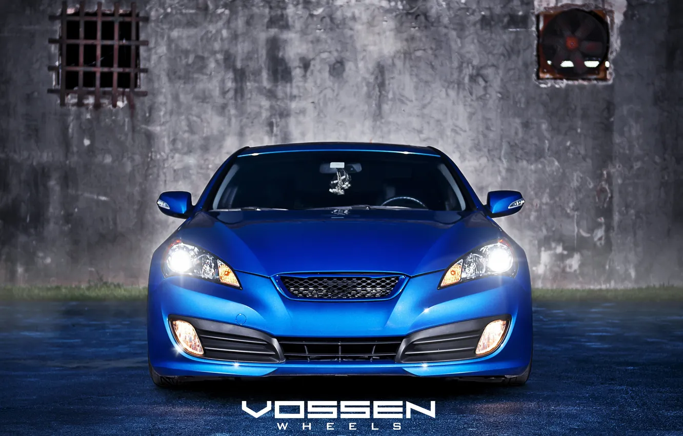 Photo wallpaper asphalt, blue, wall, Hyundai, blue, Hyundai, Genesis, Vossen Wheels