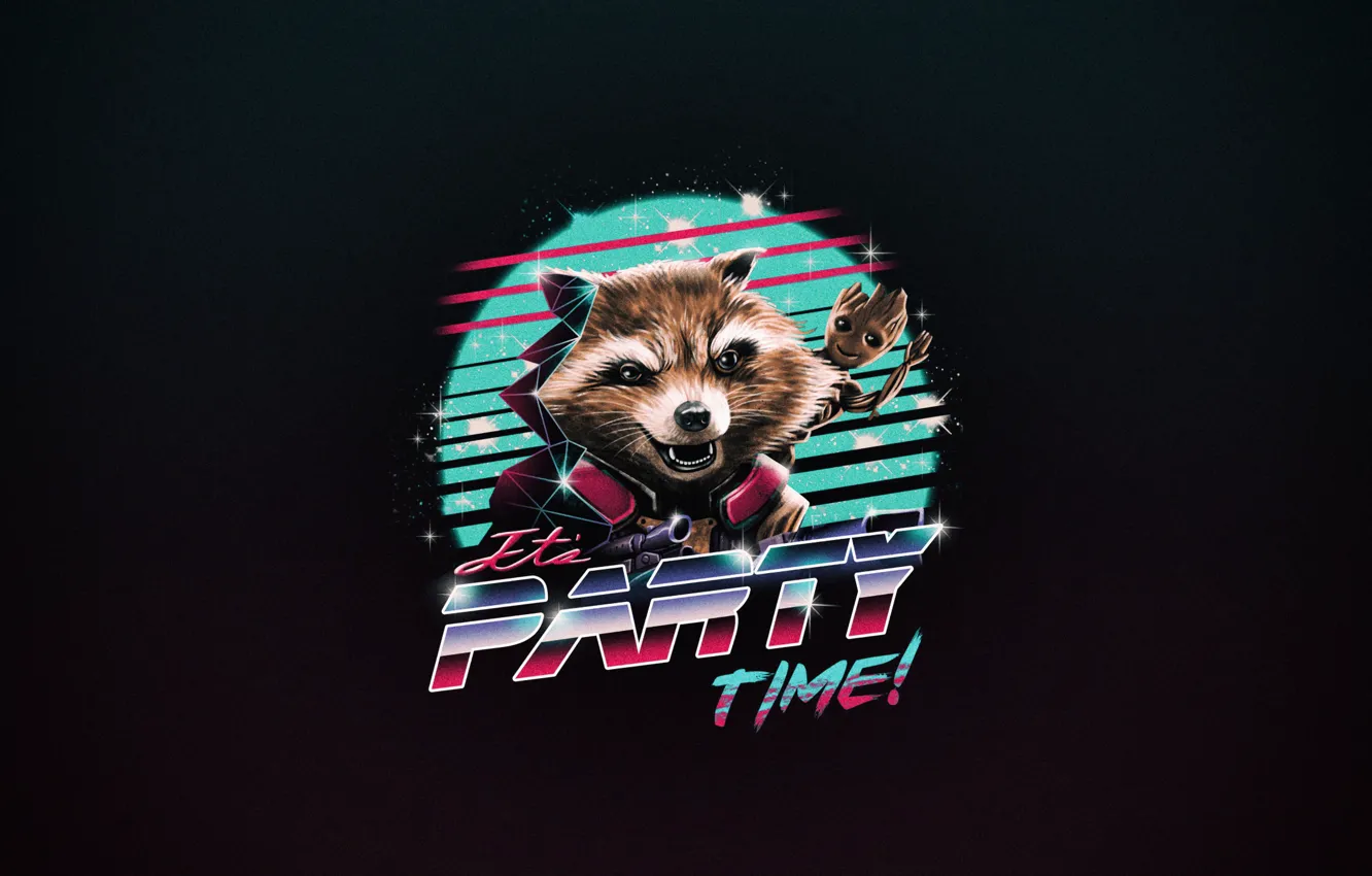 Photo wallpaper minimalism, art, Neon, Rocket, Guardians Of The Galaxy, Groot, 80's, Synth