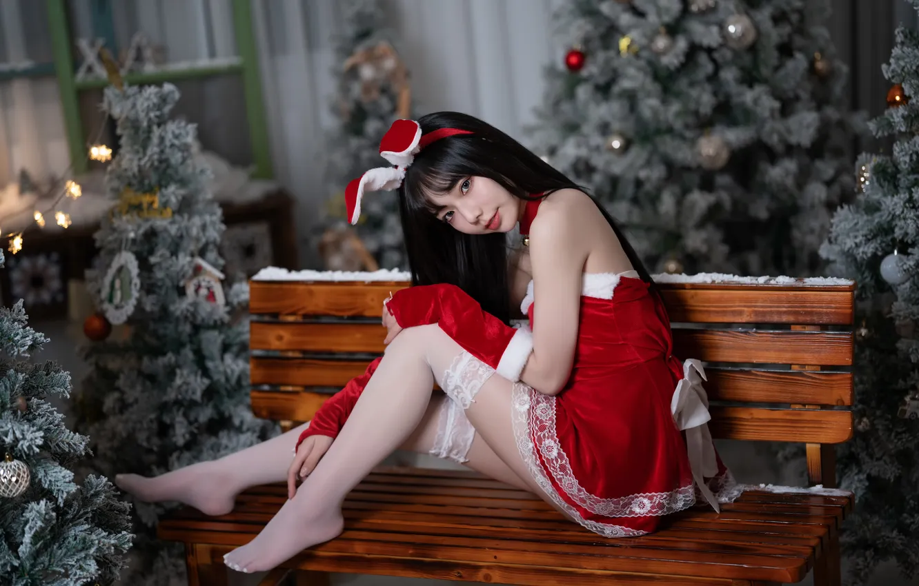 Photo wallpaper girl, Asian, bench