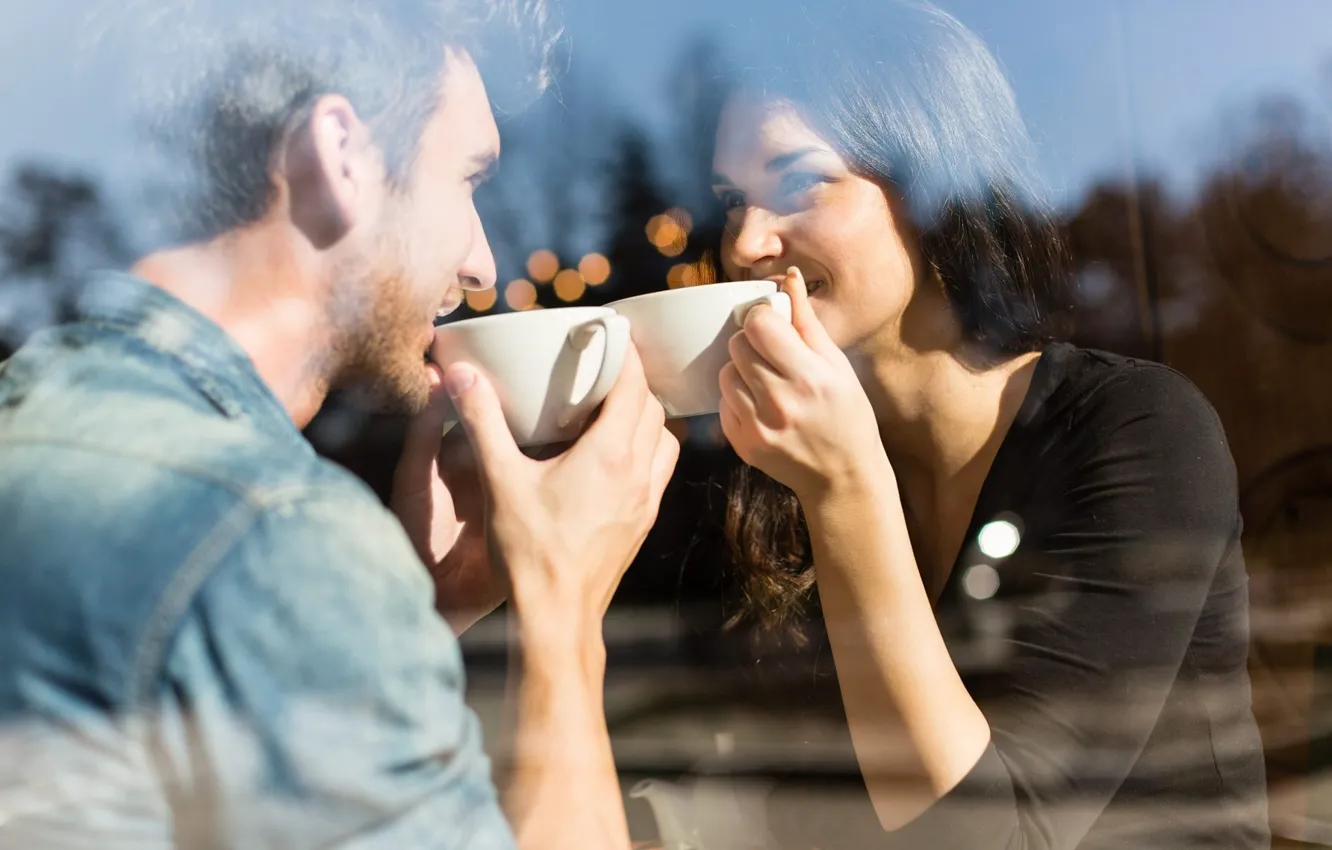 Photo wallpaper glass, girl, Cup, cafe, male, lovers