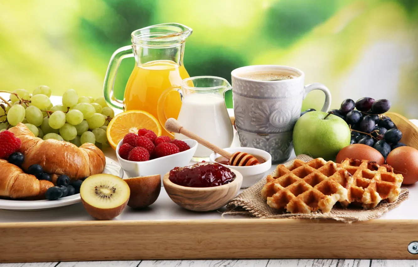 Photo wallpaper food, Breakfast, cream, juice, honey, fruit, waffles, jam