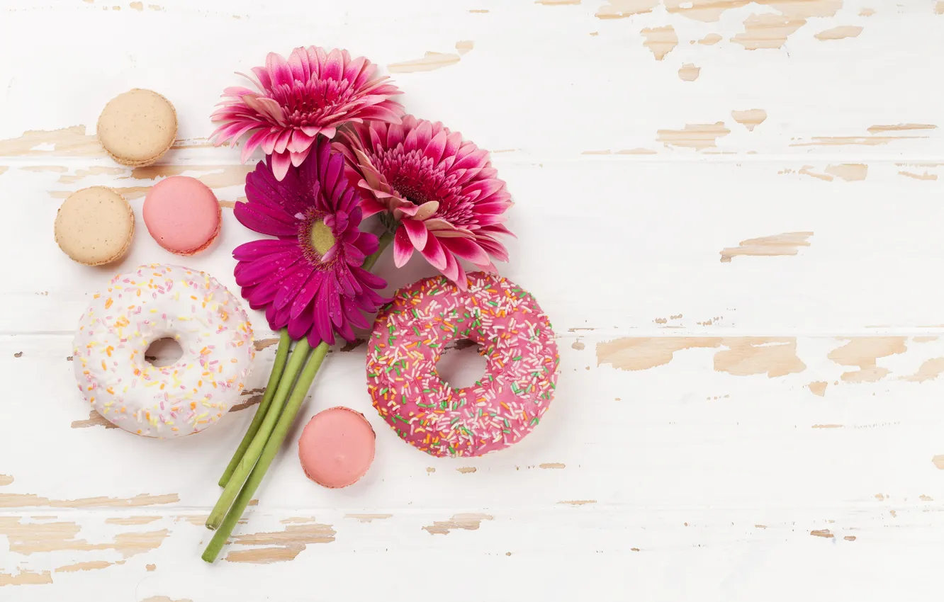 Photo wallpaper flowers, donuts, gerbera, wood, pink, flowers, with love, macarons