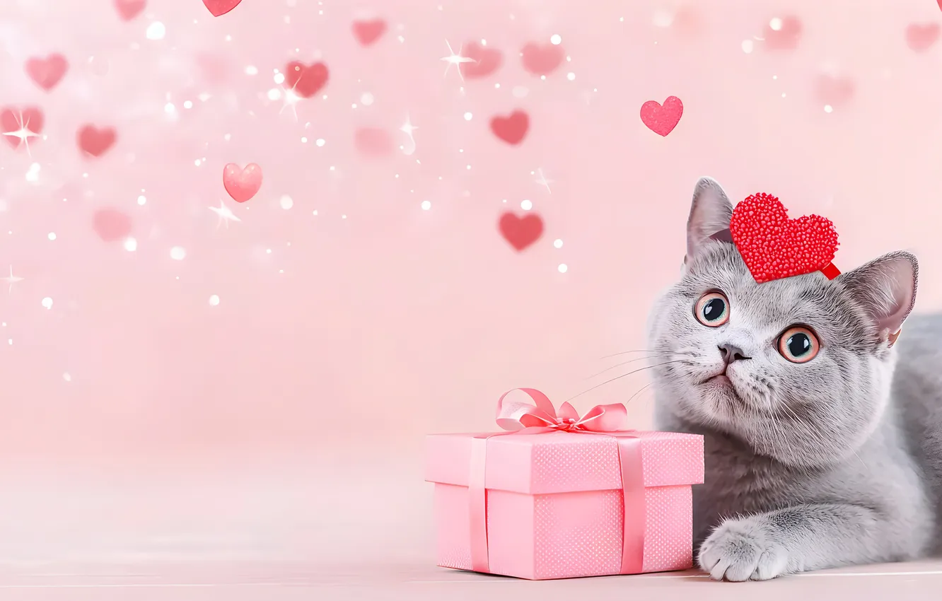 Photo wallpaper cat, look, love, pose, lights, kitty, grey, holiday