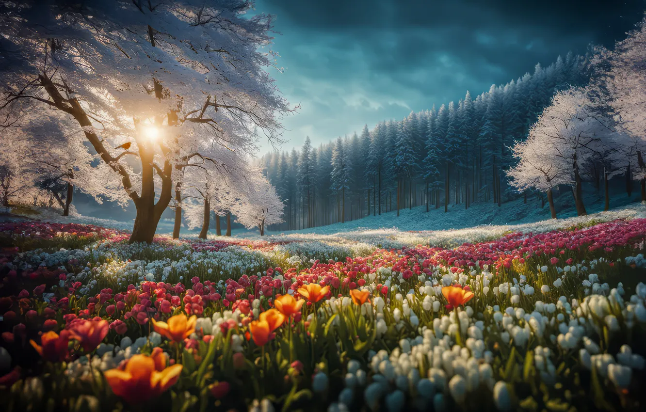 Photo wallpaper winter, frost, forest, the sun, light, flowers, nature, glade