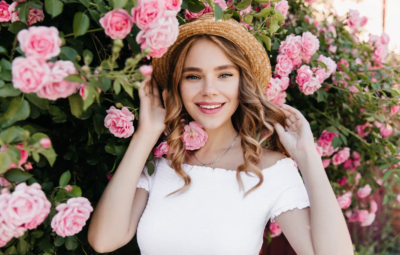 Photo wallpaper summer, girl, joy, flowers, smile, roses, positive, hat