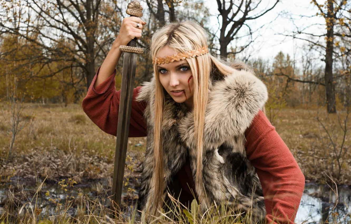 Photo wallpaper forest, girl, sword, fur, Tatiana Finko