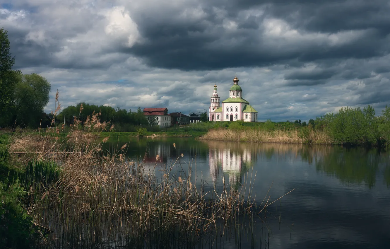 Photo wallpaper clouds, clouds, lake, reflection, shore, reed, Church, temple