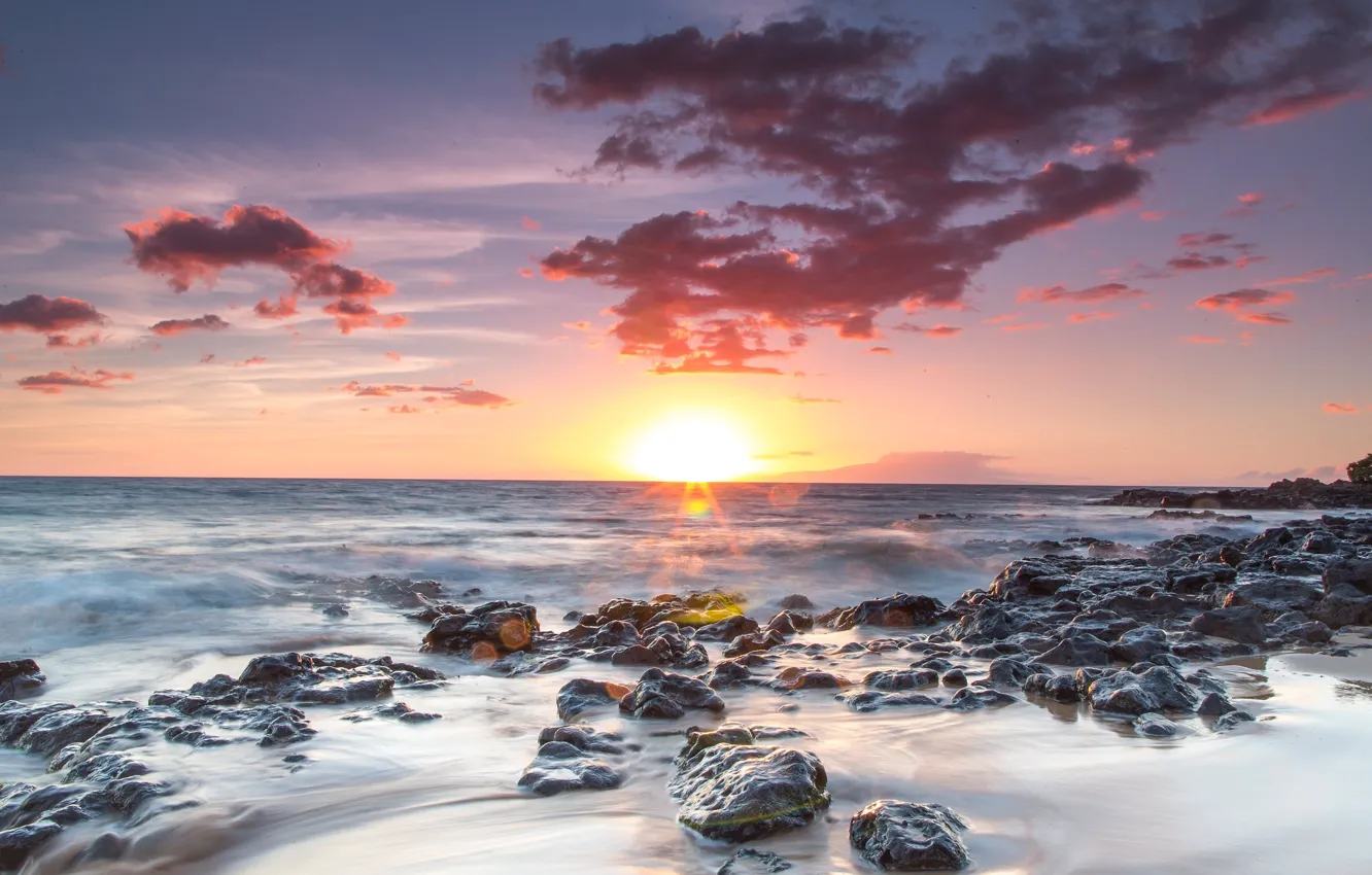 Photo wallpaper sea, sunset, clouds, stones, horizon, tide