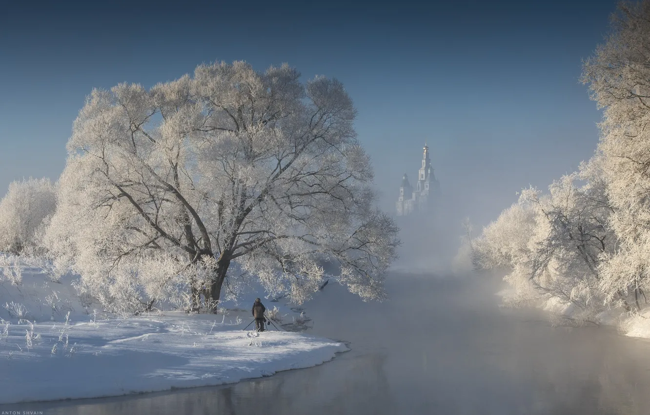 Photo wallpaper winter, frost, snow, trees, landscape, nature, fog, river