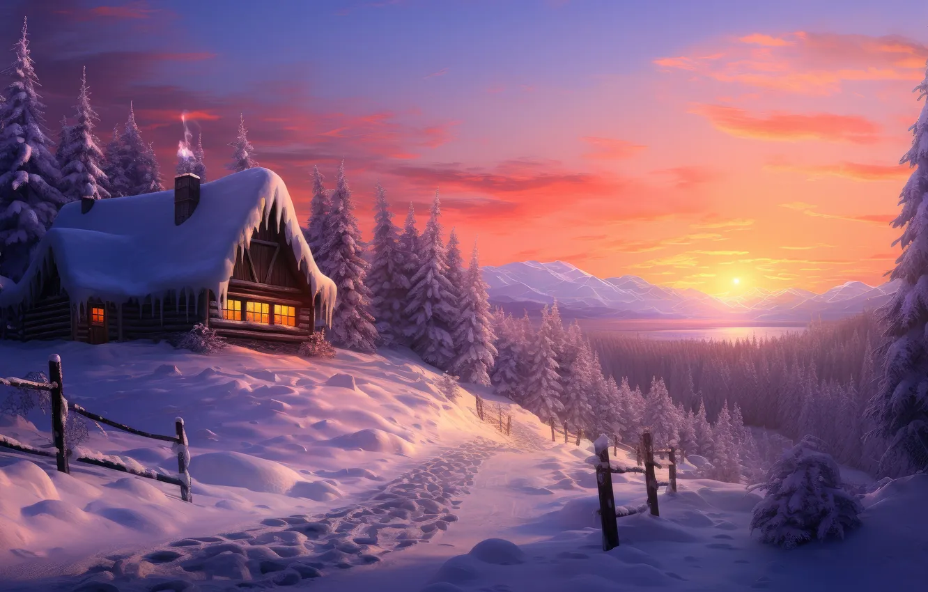Photo wallpaper winter, forest, snow, mountains, night, nature, house, house