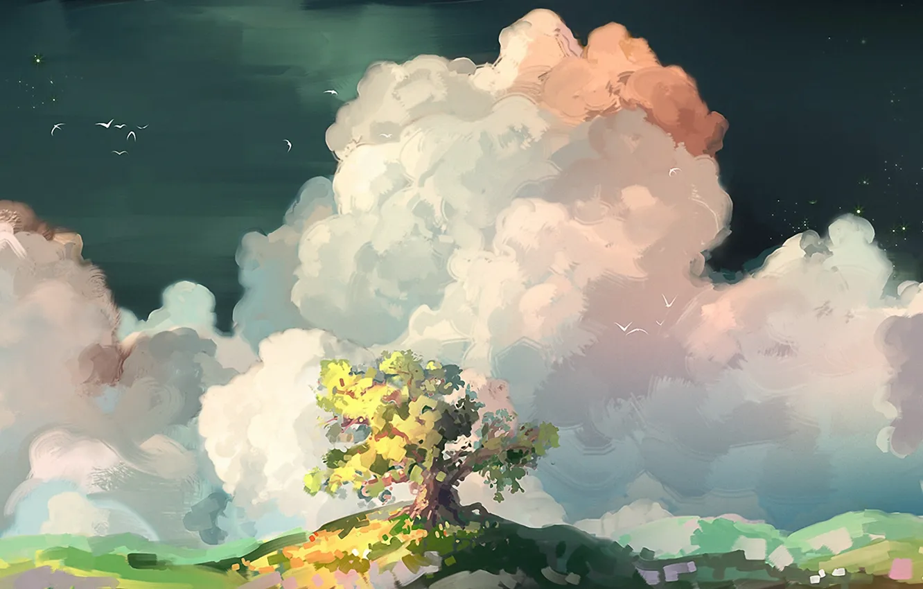 Photo wallpaper clouds, birds, tree, art, painted landscape