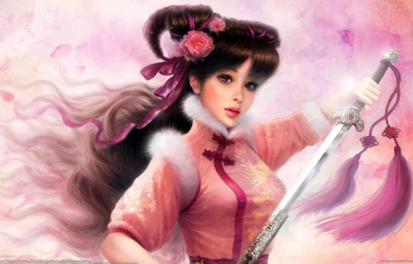 Photo wallpaper girl, flowers, sword, art, fur, brush, ruoxing zhang