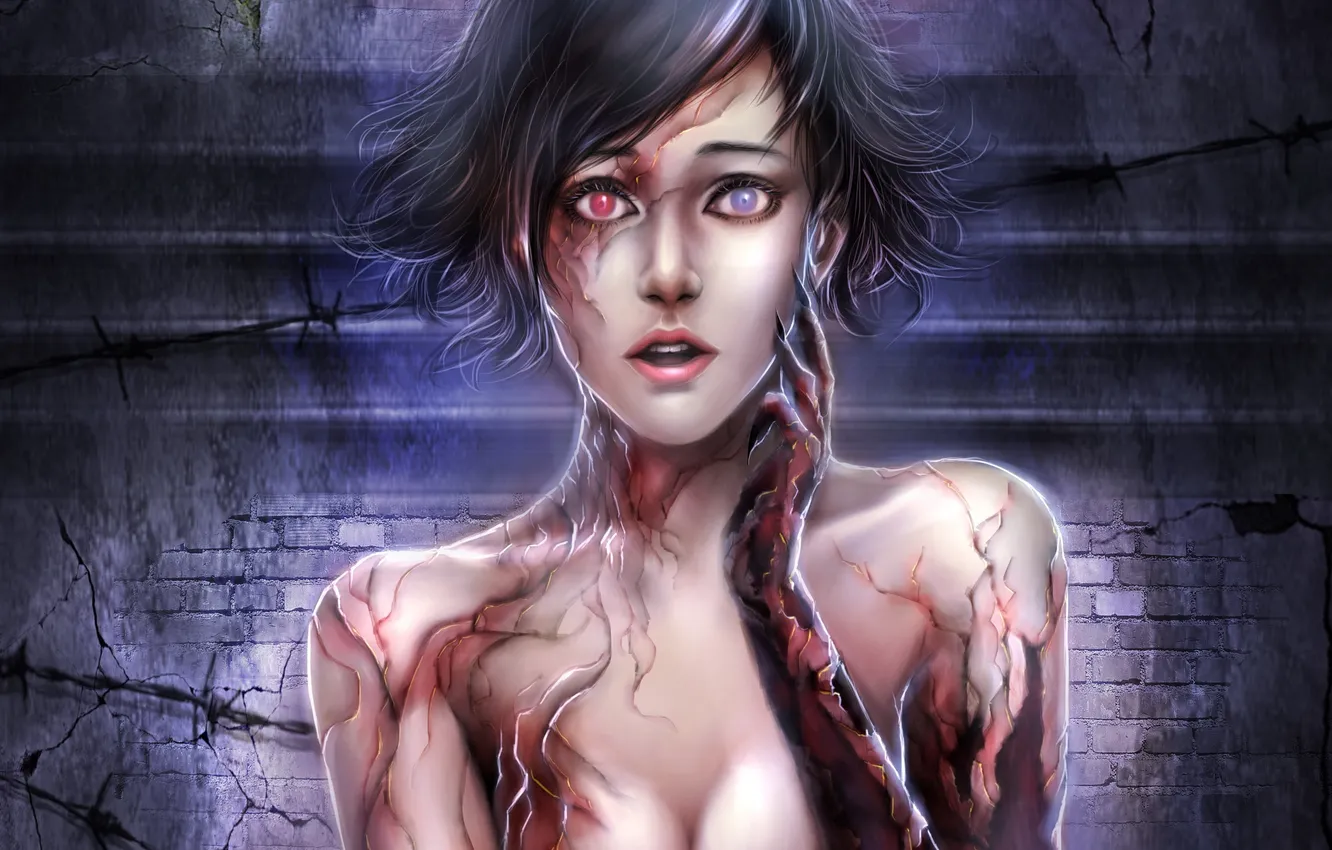Photo wallpaper girl, monster, hands, art, claws, barbed wire, different eyes, the transformation