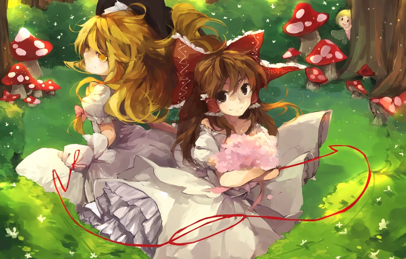 Photo wallpaper girl, trees, flowers, nature, smile, mushrooms, bouquet, hat