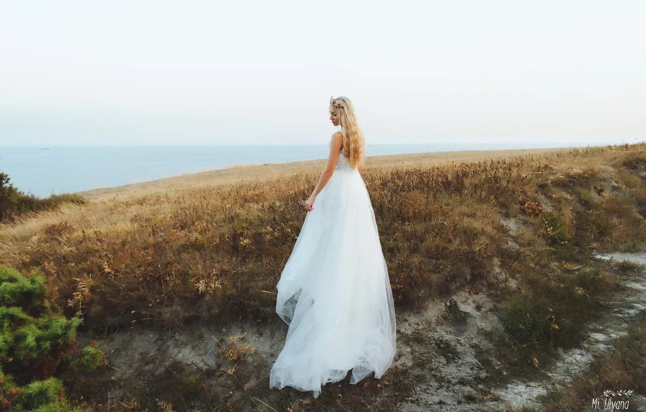 Photo wallpaper sea, mood, shore, dress, blonde, the bride, in white
