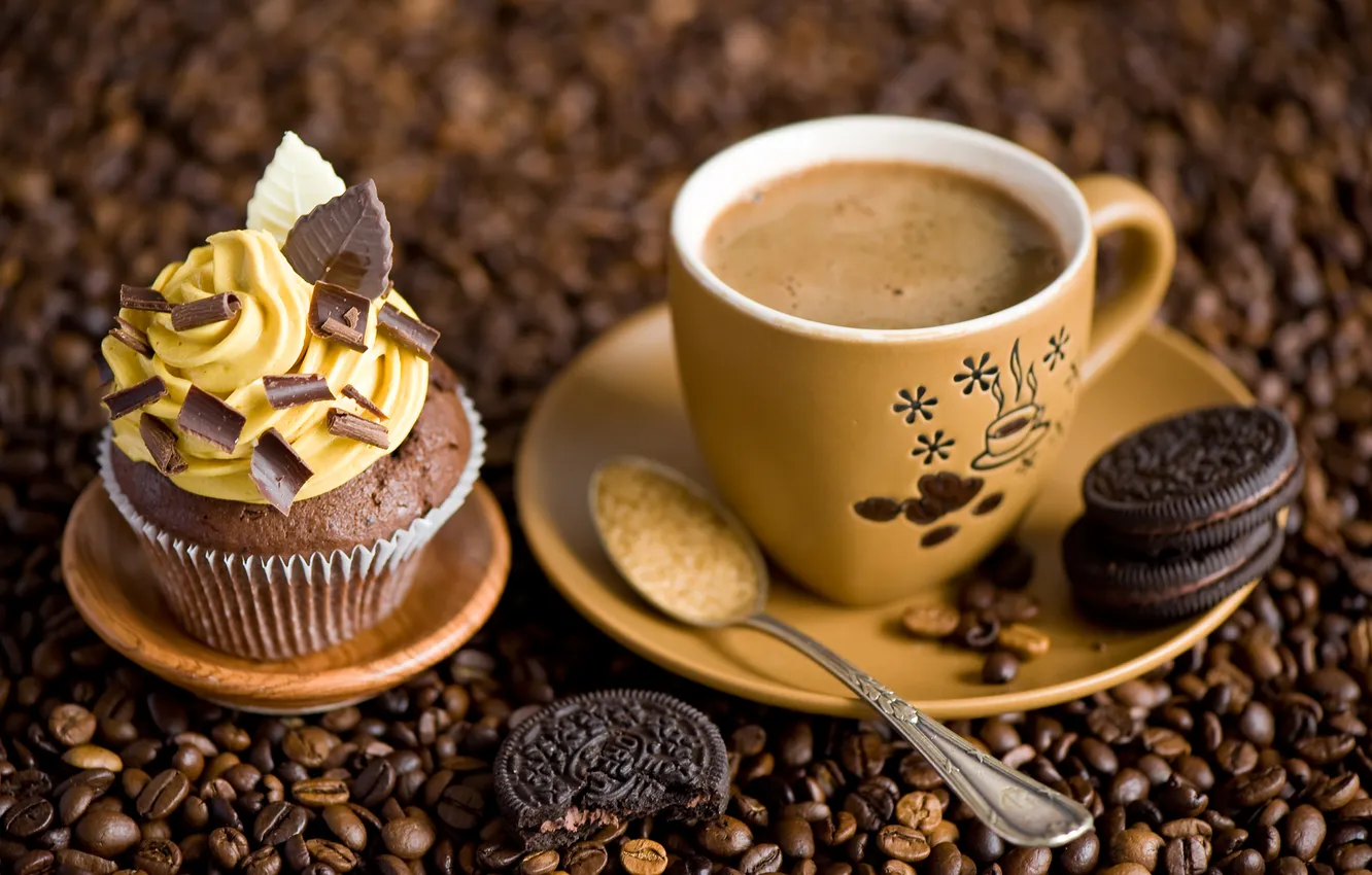 Photo wallpaper coffee, chocolate, grain, cookies, spoon, Cup, sweets, cream