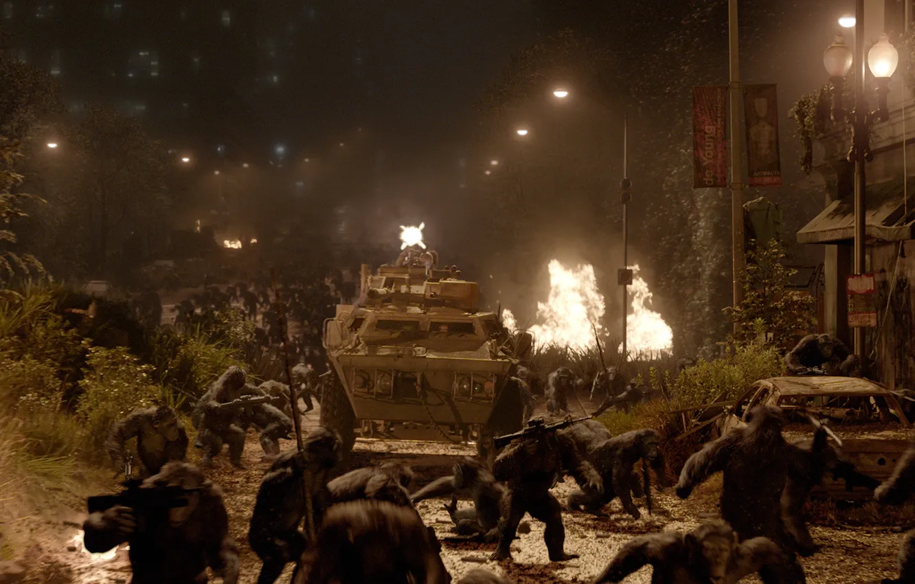 Photo wallpaper the city, war, street, monkey, USA, America, Caesar, Planet of the apes: the Revolution