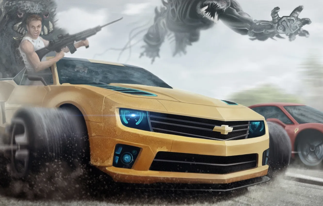 Photo wallpaper people, robot, machine, Chevrolet Camaro, Transformer