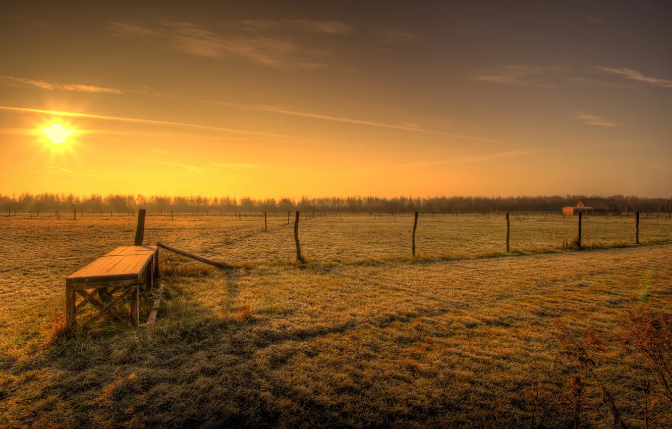 Photo wallpaper field, landscape, sunset, the fence