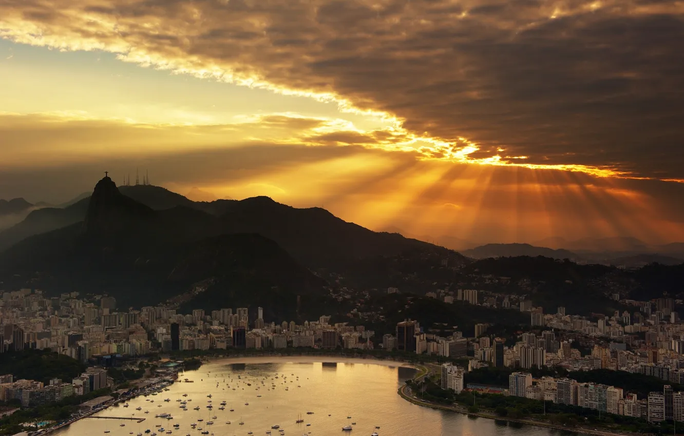 Photo wallpaper the sky, clouds, sunset, the ocean, boats, Brazil, skyscrapers, Rio de Janeiro