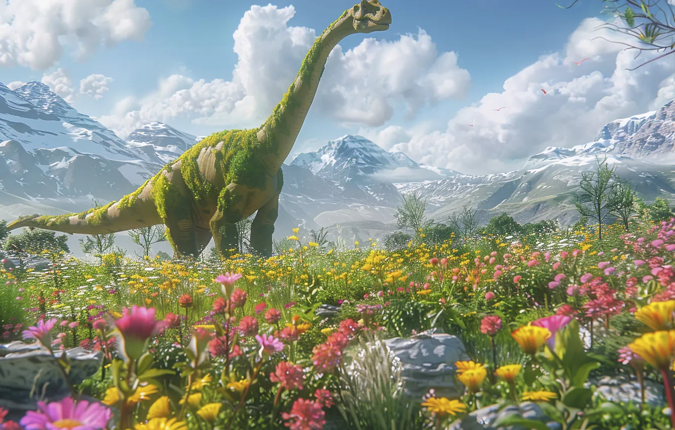 Photo wallpaper trees, flowers, mountains, animal, dinosaur, neck, digital art, Ancient animals