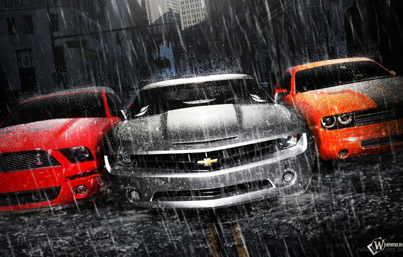 Photo wallpaper Rain, Asphalt, Ford Mustang, Dodge Challenger, Supercar, Chevrolet Camaro