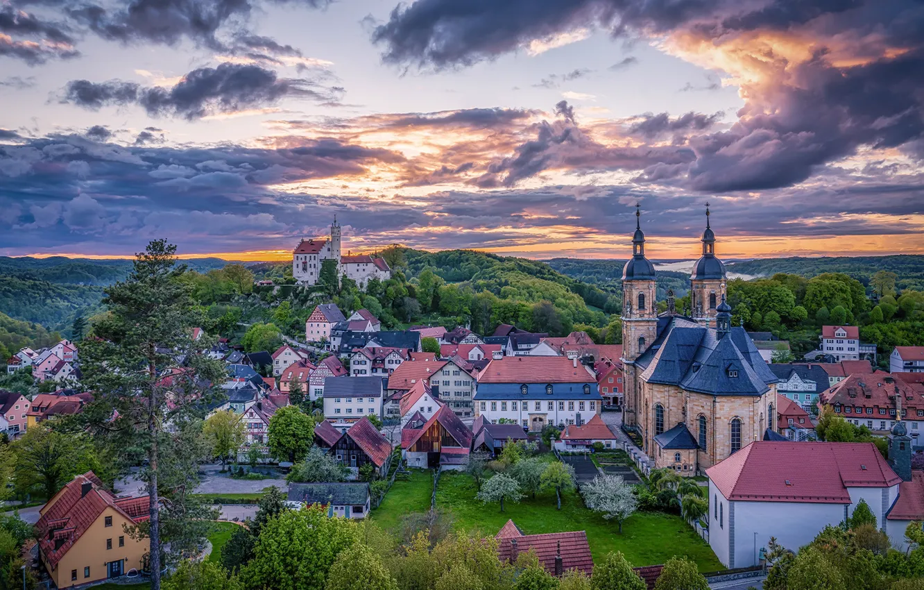 Photo wallpaper the sky, Church, nature, home, trees, Germany, Gössweinstein, town