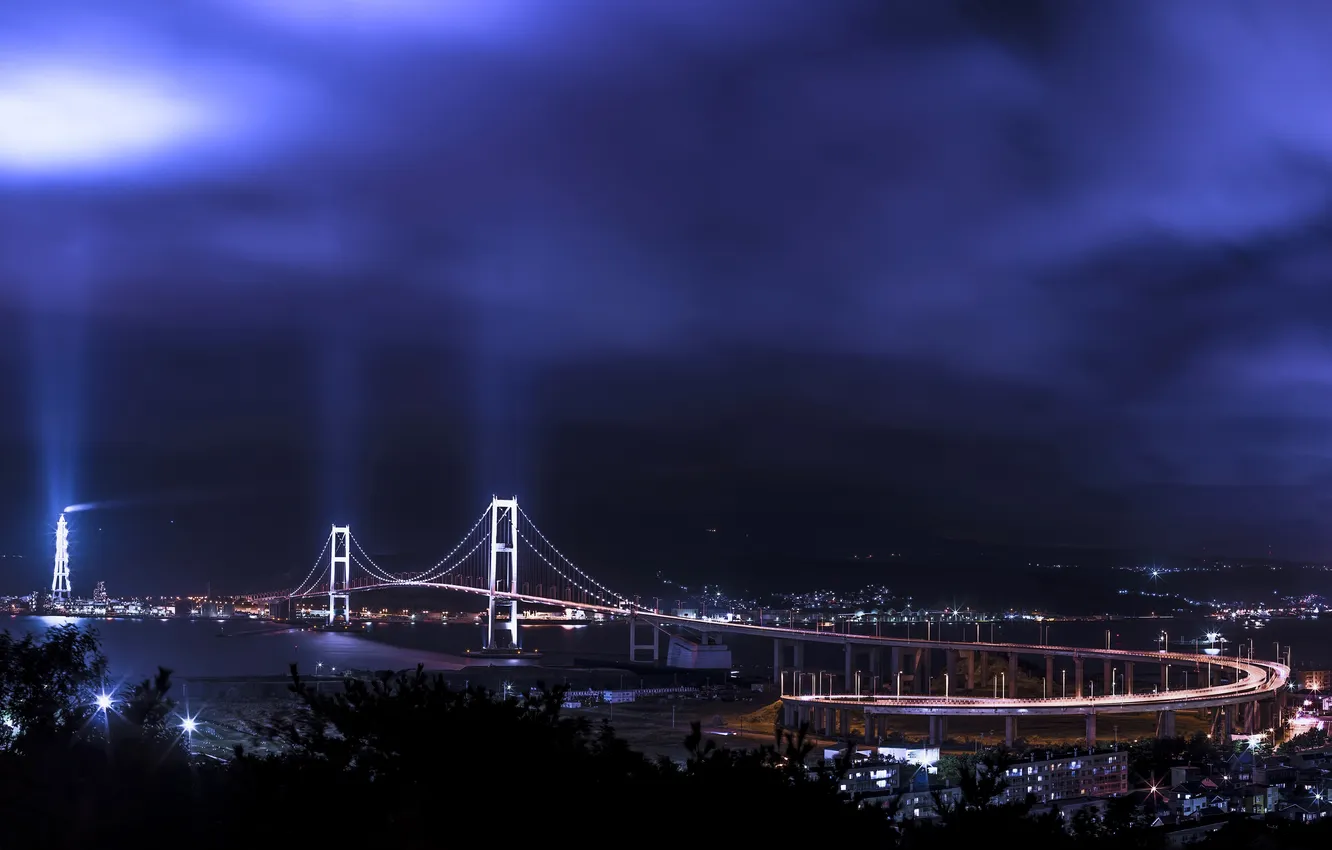 Photo wallpaper sea, the sky, bridge, lights, beauty, Japan, Japan, skyline