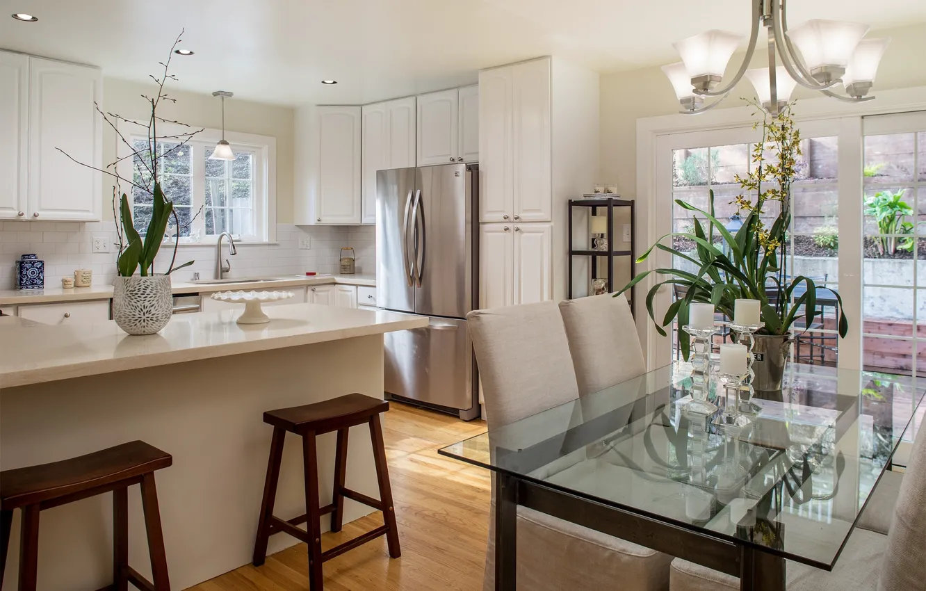 Photo wallpaper glass, design, style, table, furniture, refrigerator, chair, kitchen