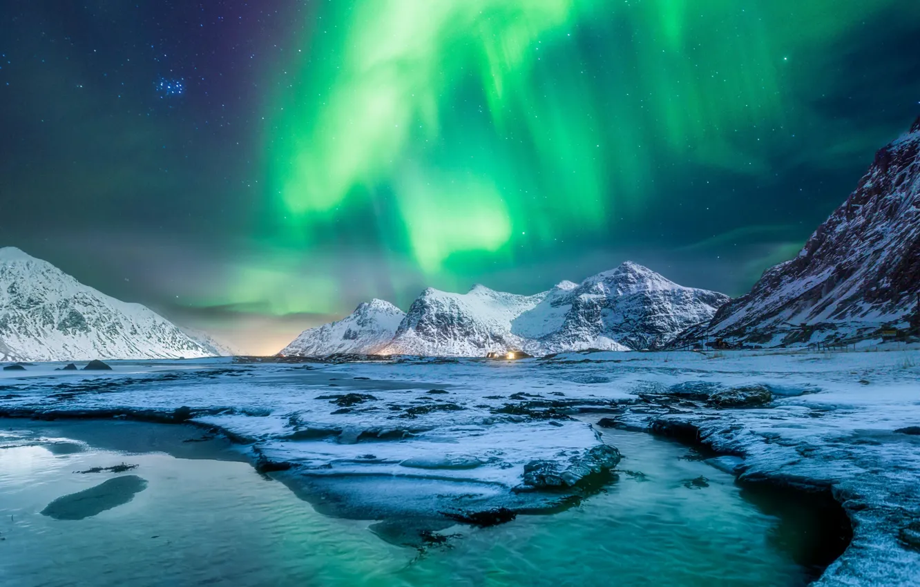 Photo wallpaper mountains, stars, Northern lights, Norway, glaciers, polar lights, The Lofoten Islands