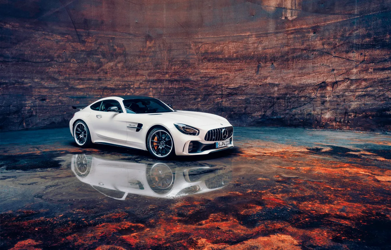 Photo wallpaper machine, white, water, lights, icon, SLS AMG, drives, the reflection in the water