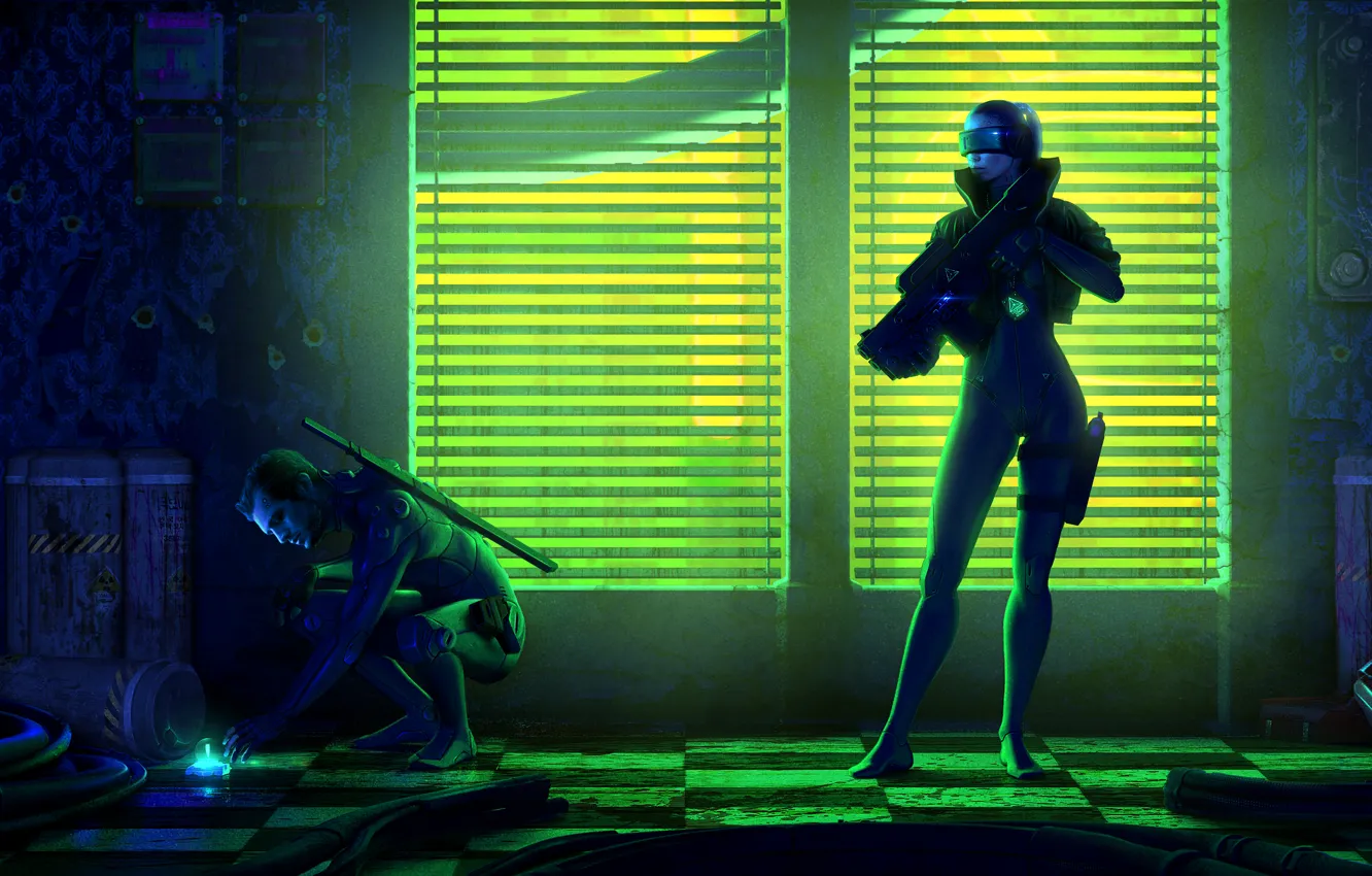 Photo wallpaper girl, weapons, people, art, guy, sci-fi