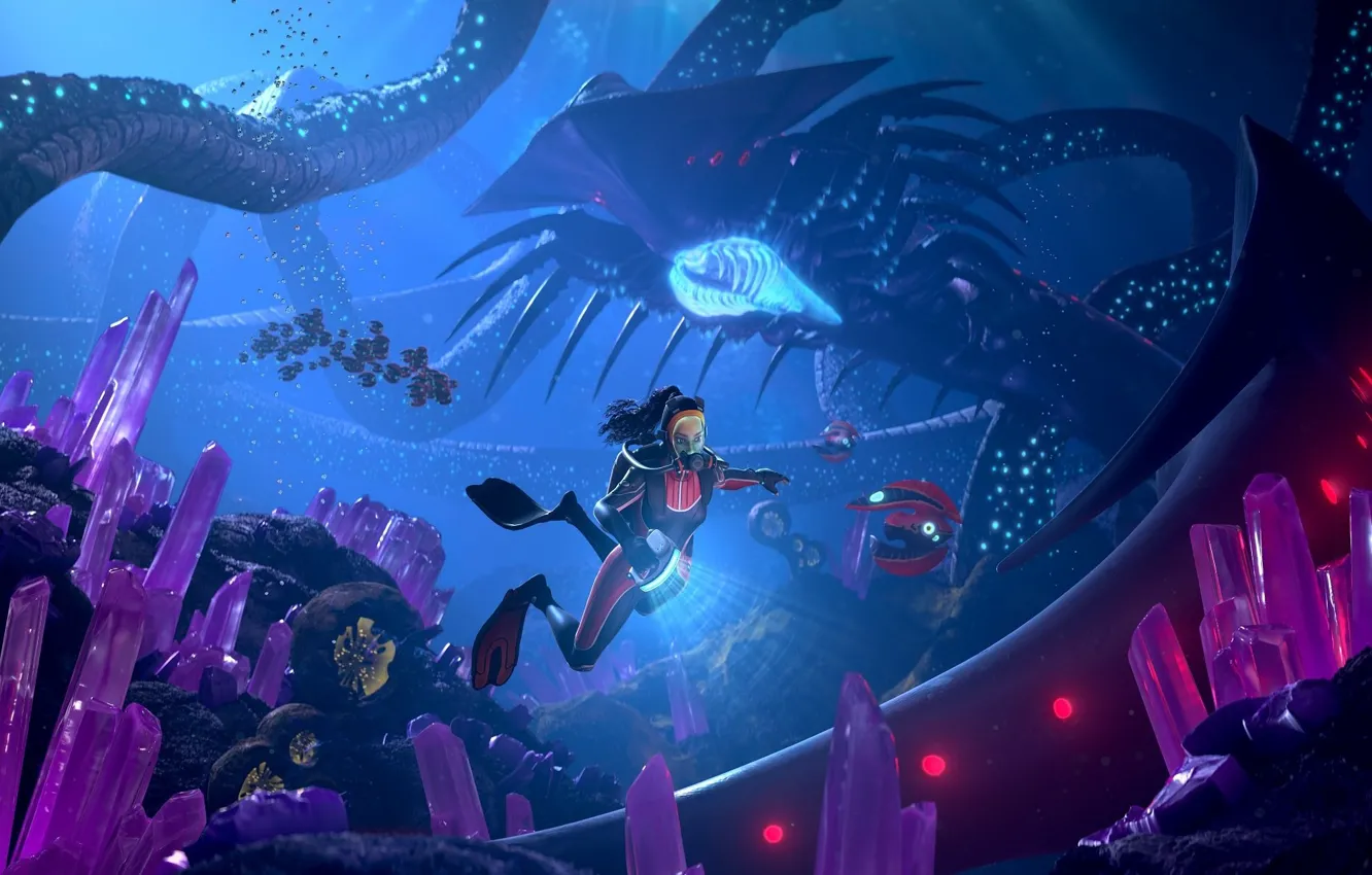 Photo wallpaper diver, the bottom, crystals, girls, games, games art, Subnautica Below Zero