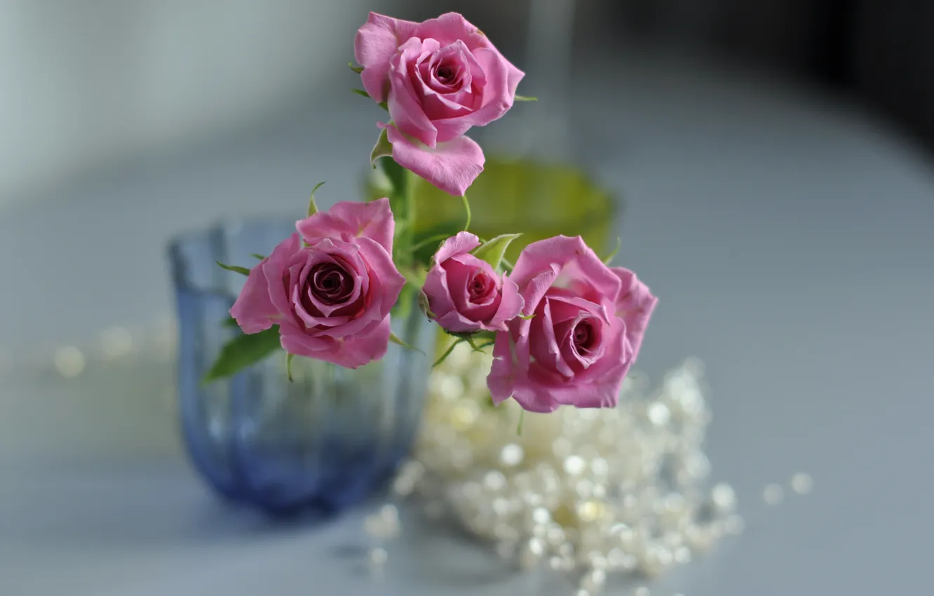 Photo wallpaper flowers, roses, vase, pink