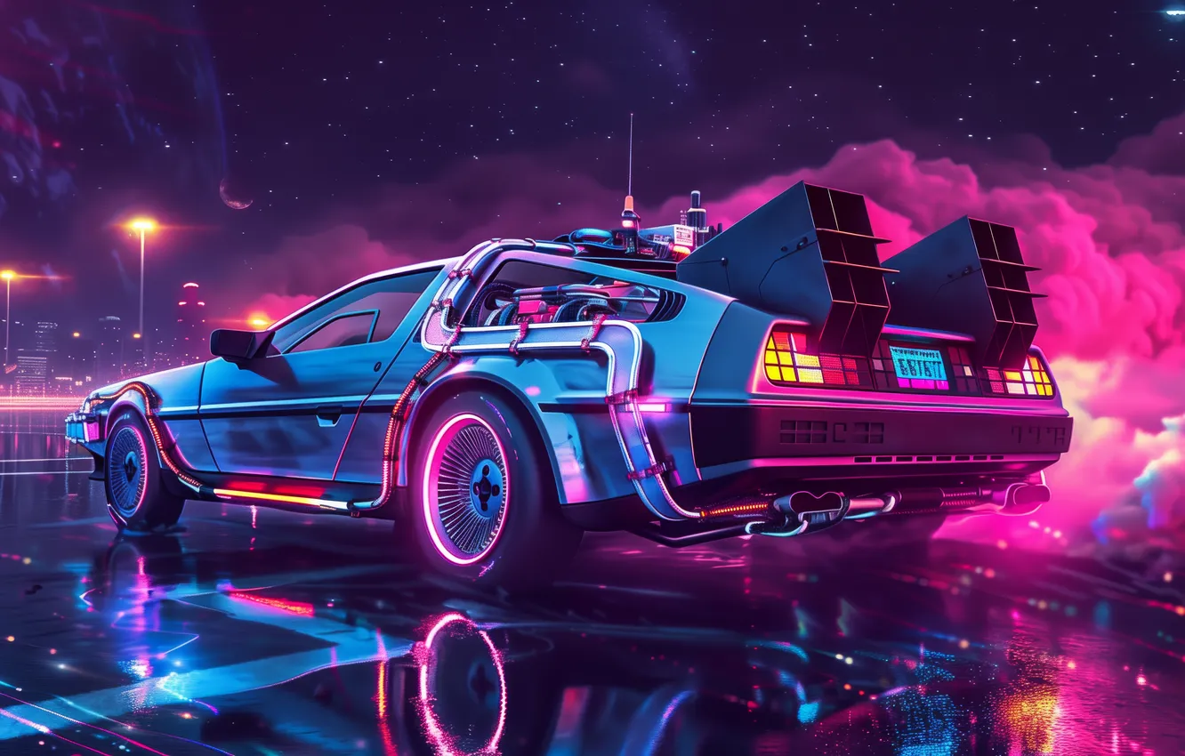 Photo wallpaper car, colorful, smoke, DeLorean, illustration, synthwave, AI art