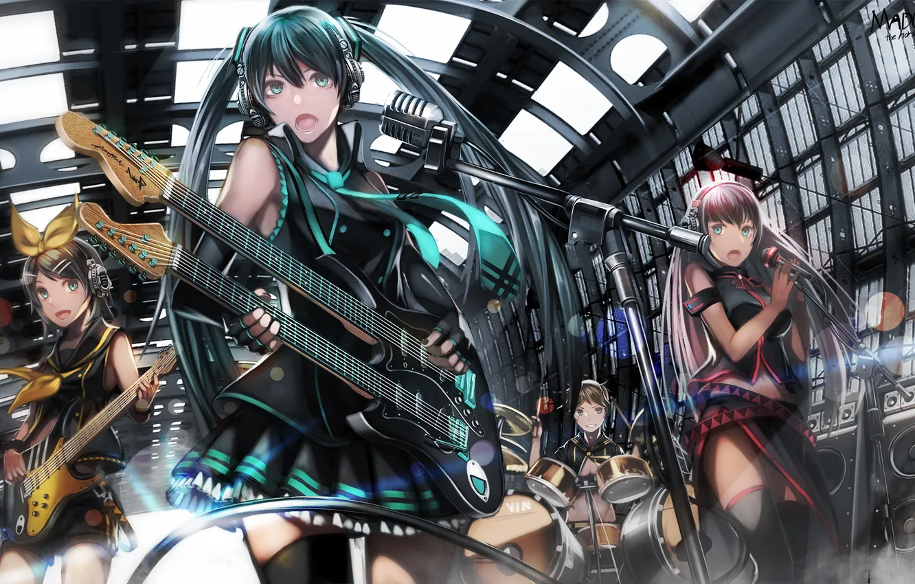 Photo wallpaper girl, smile, guitar, microphone, guy, vocaloid, hatsune miku, megurine luka