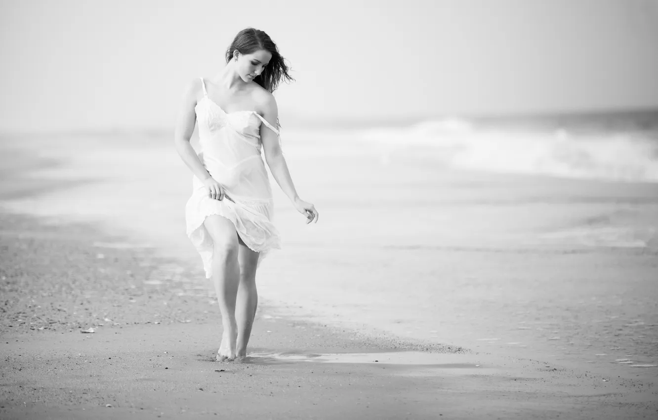 Photo wallpaper beach, girl, b/W, surf, dress white