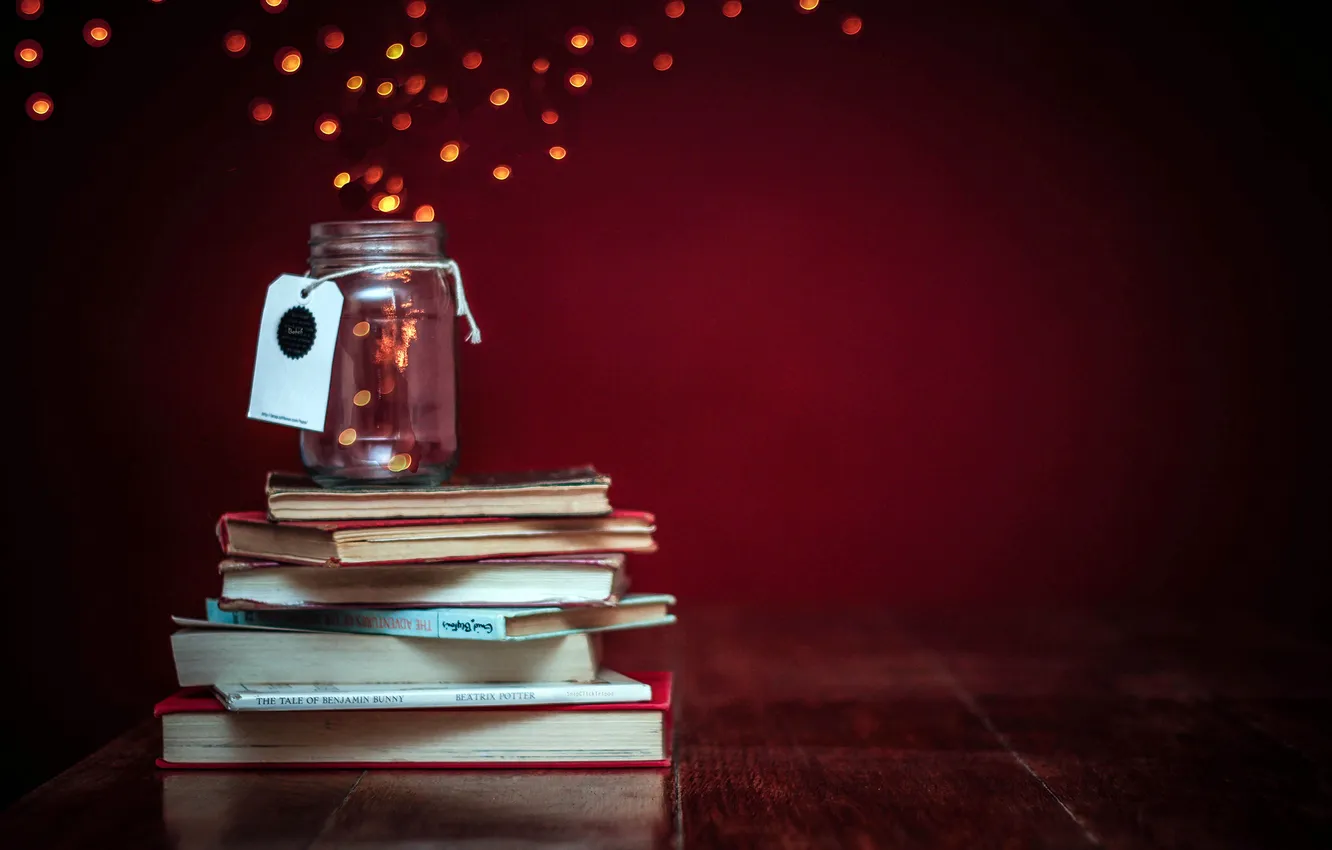 Photo wallpaper yellow, lights, jars, Bank, book, bokeh