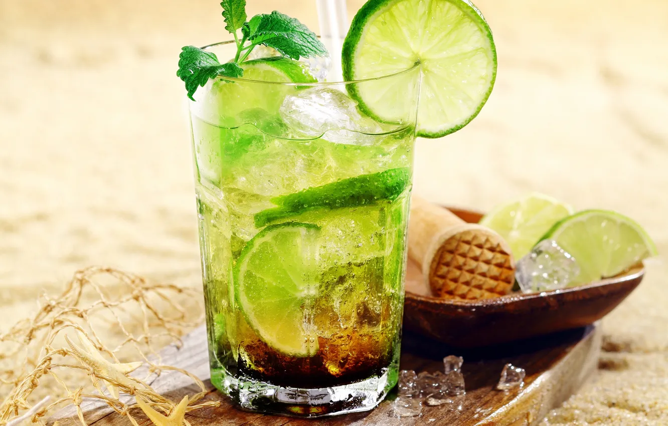 Photo wallpaper ice, beach, cocktail, lime, mint