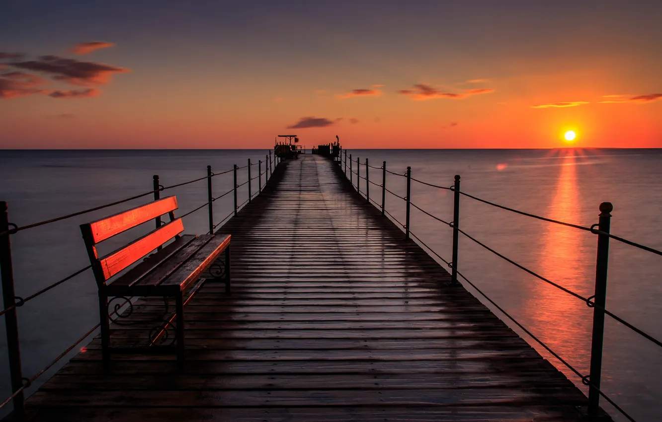 Photo wallpaper sea, sunset, bridge, bench